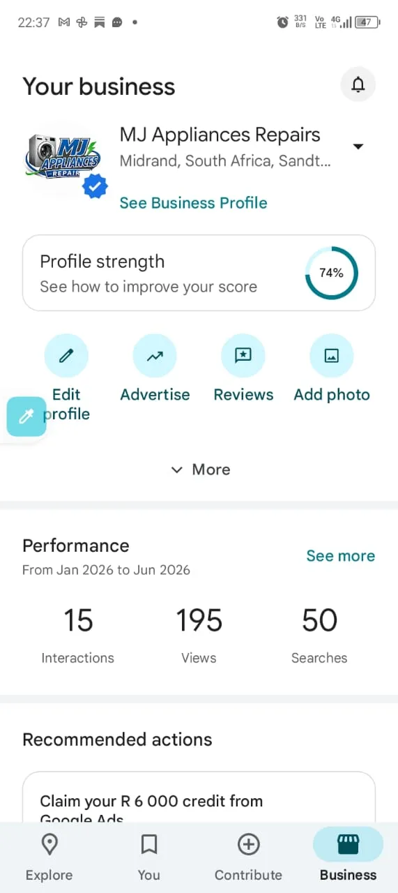 MJ Appliances Repairs Google Business Profile showing 195 views, 50 searches and 15 interactions over six months
